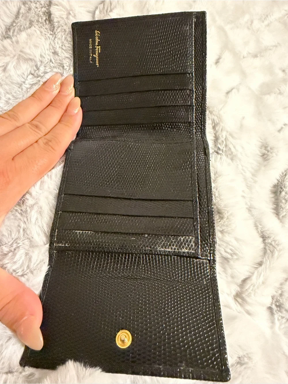 Salvatore Ferragamo Black Textured Leather Wallet with Gold Vara Accent